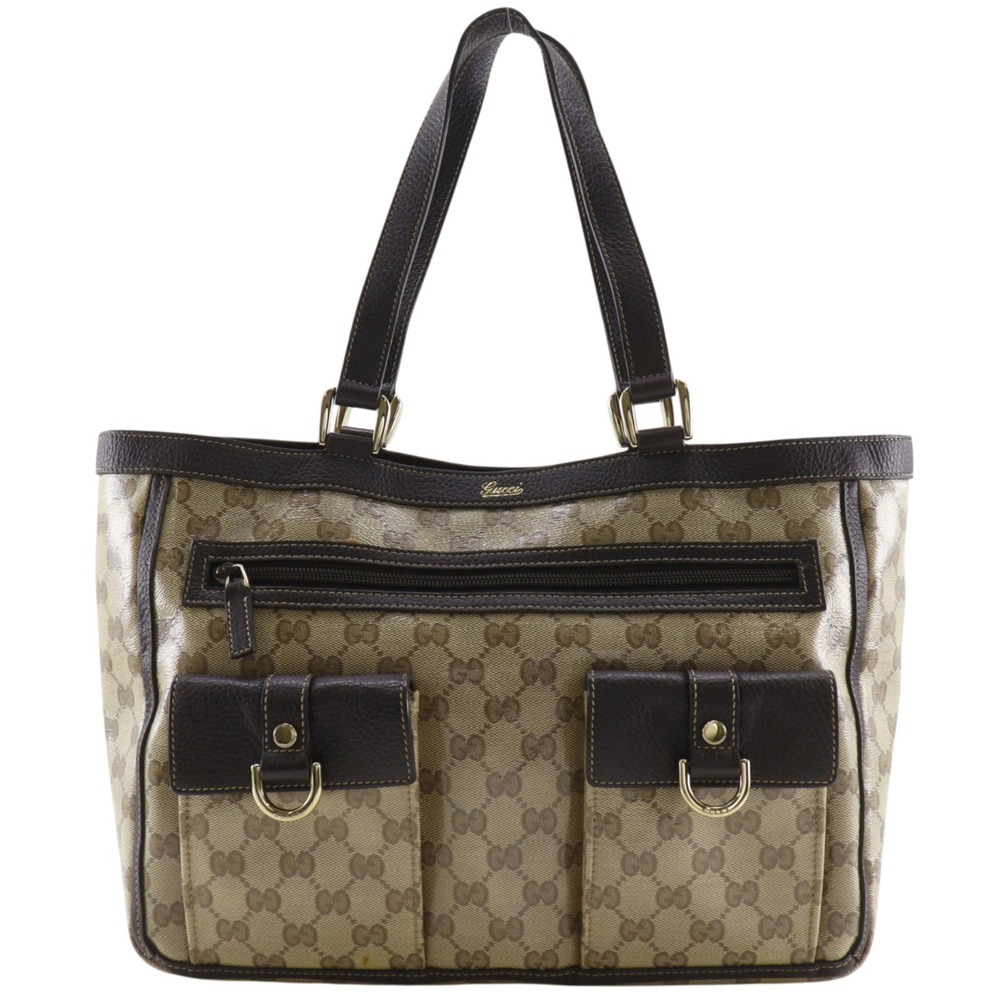 Gucci GG Crystal Tote Bag, Outlet, 268639, PVC, Brown, A4 size, Magnetic clos...